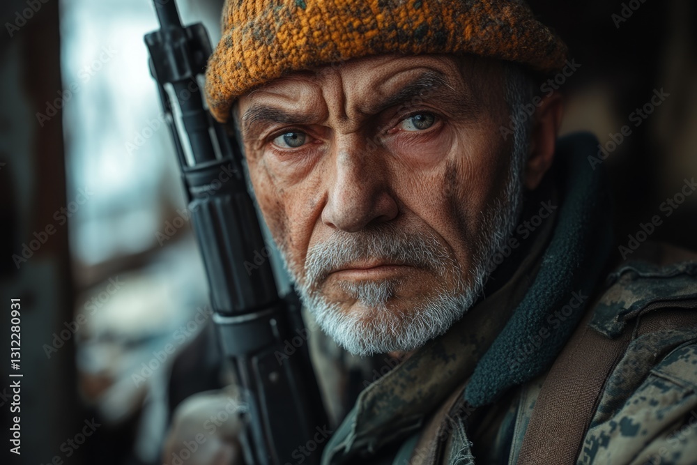 Fototapeta premium Close-up portrait of a determined senior veteran soldier holding a rifle, embodying resilience and experience in warfare