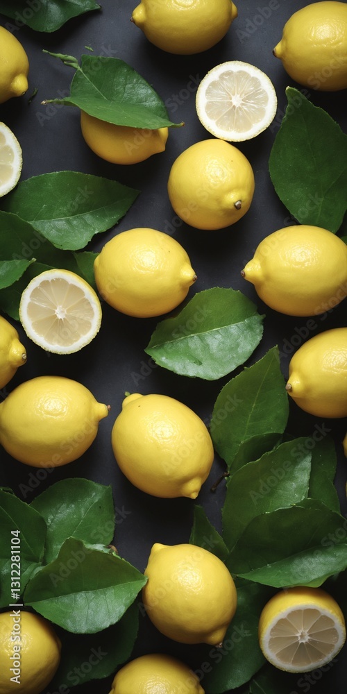 Fresh lemons with green leaves on dark. Food background. Top view
