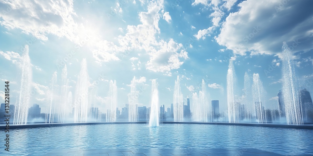 Fototapeta premium Captivating view of a modern fountain with city skyline, under a vibrant sky filled with dramatic clouds and sunlight.
