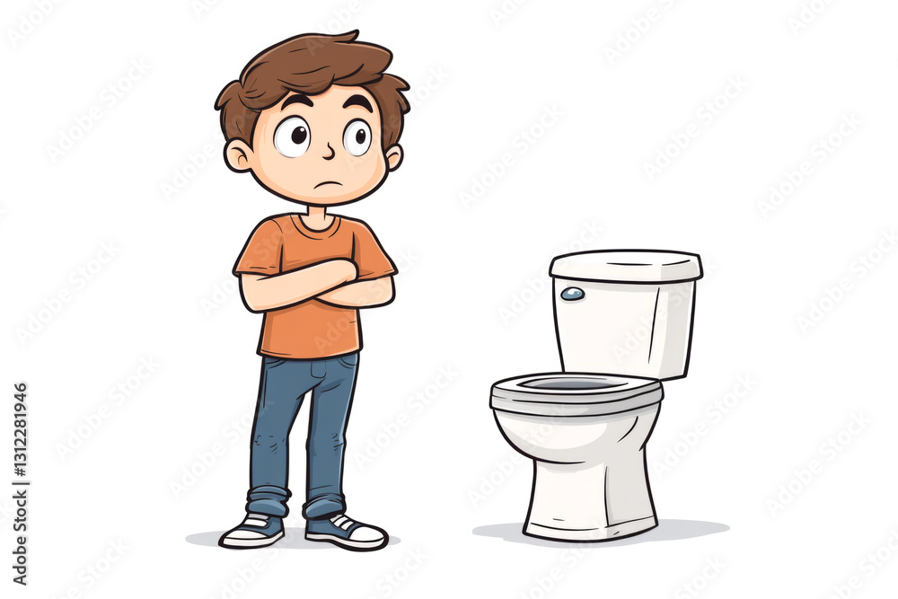 Cartoon boy standing with arms crossed, looking thoughtfully at a toilet, possibly experiencing constipation or other bathroom-related issues Cartoon boy standing with arms crossed, looking thoughtfully at a toilet, possibly experiencing constipation or other bathroom-related issues