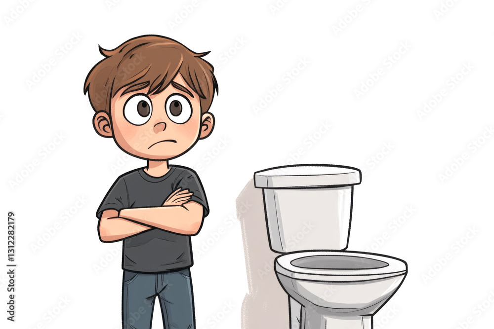 Young boy feeling reluctant to use a dirty toilet, expressing disgust and discomfort Young boy feeling reluctant to use a dirty toilet, expressing disgust and discomfort