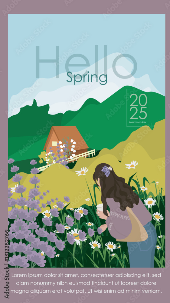 vector illustration of a country landscape, spring banner poster, social media post