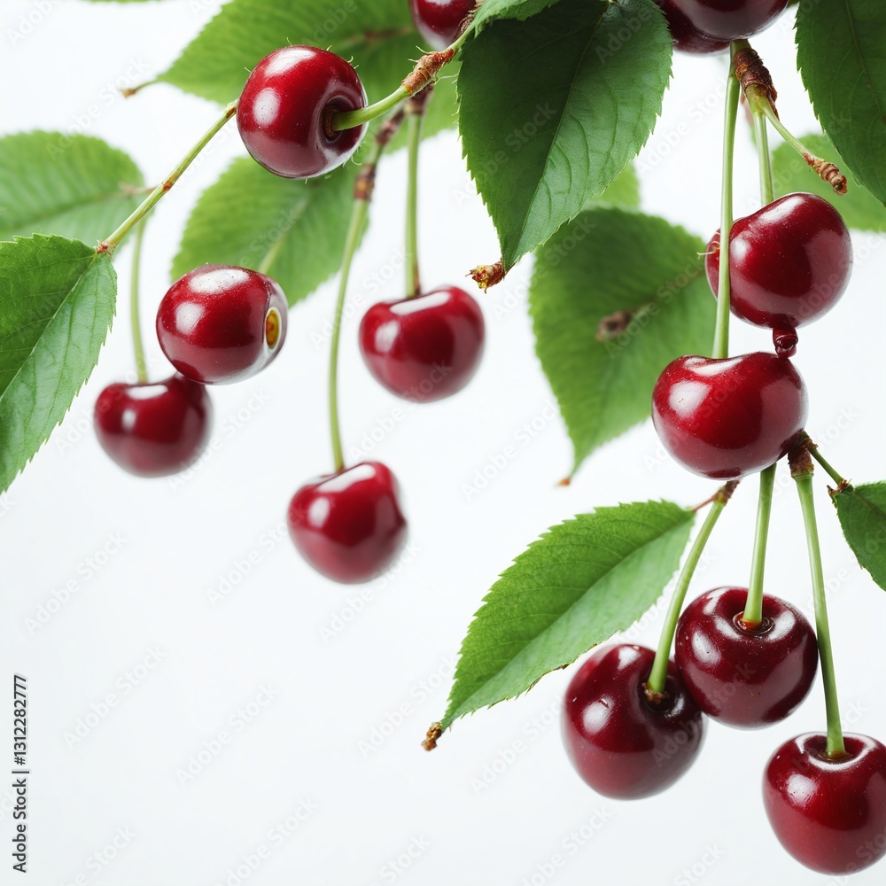 Fresh cherry fruits and green leaves on white