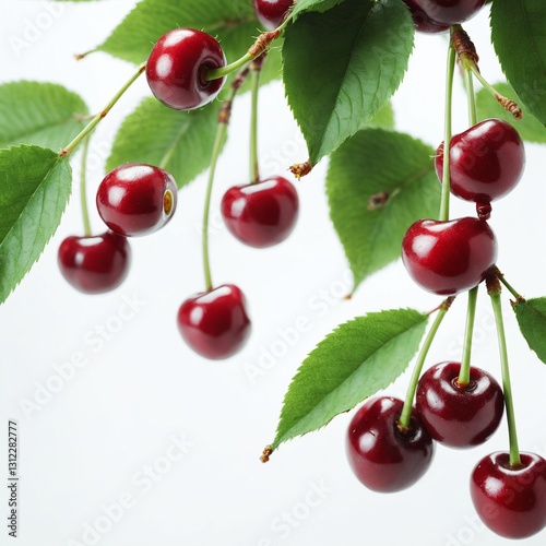 Obraz na płótnie Fresh cherry fruits and green leaves on white w salonie