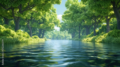 Calm river scene lined with green trees and lush foliage