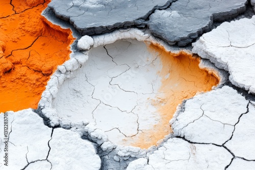 A naturally occurring geothermal mud pot bubbling in an arid landscape, surrounded by vibrant mineral deposits
