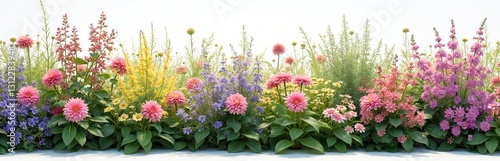 Herbaceous garden border features mix of colorful perennials, biennials plants. Diverse vibrant flowers, green leaves isolated on transparent background. Rich floral botanical decoration in designed