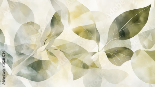 An artful composition of tropical leaves rendered in a contemporary watercolor technique, showcasing organic curves and delicate gradients of green