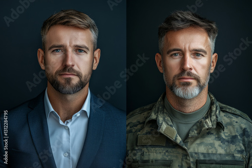 Diptych portrait showing the transition of a man from businessman to soldier, highlighting the two sides of his life