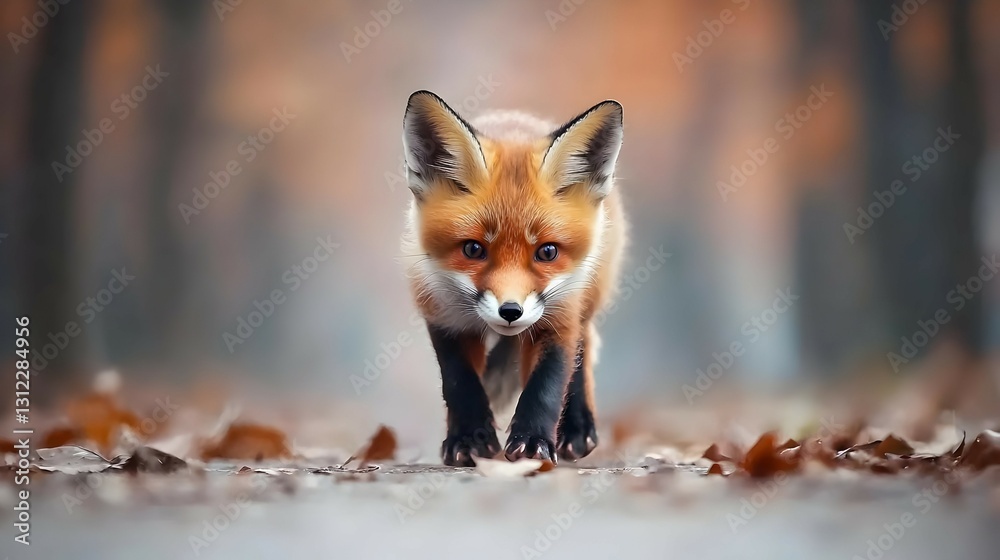 Obraz premium Red Fox Kit Walking on Autumn Path