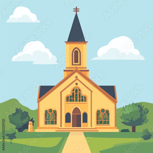 A flat 2D vector of a traditional church with a tall steeple.