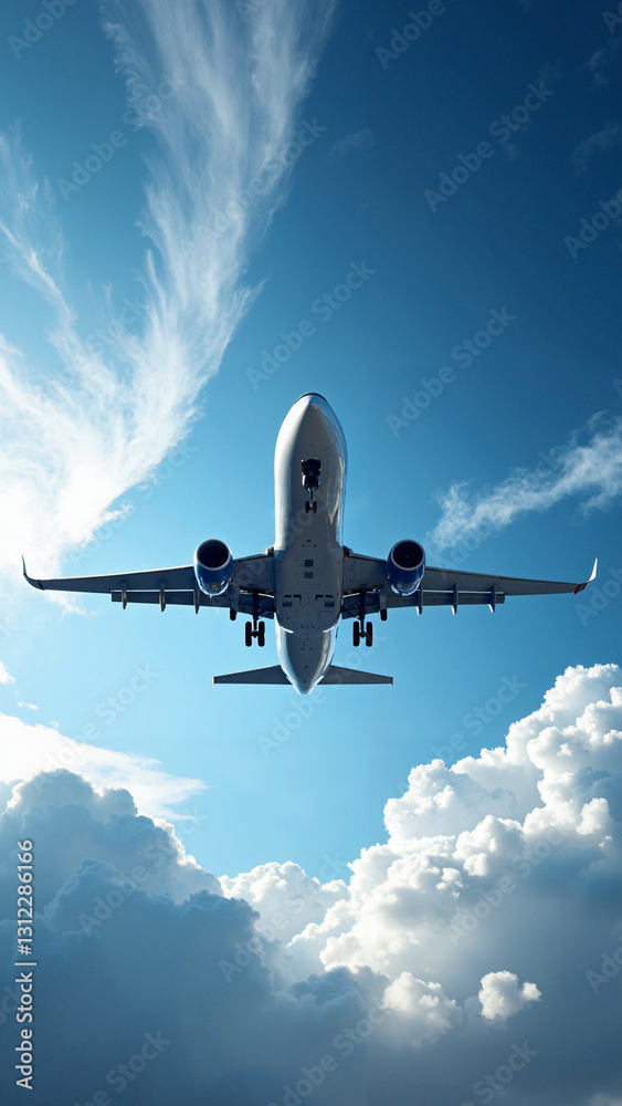 A high-resolution stock photo of a sleek, modern jet plane soaring through a brilliant blue sky, perfect for travel and aviation marketing. A high-resolution stock photo of a sleek, modern jet plane soaring through a brilliant blue sky, perfect for travel and aviation marketing.