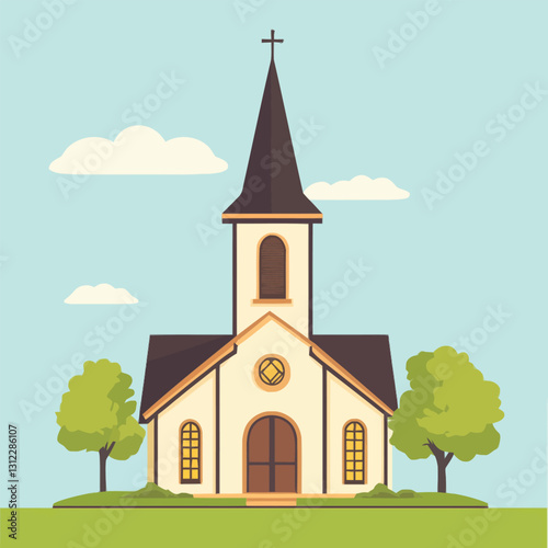 A flat 2D vector of a traditional church with a tall steeple.