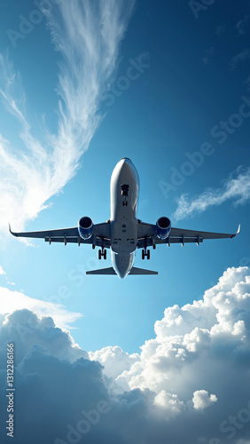 A high-resolution stock photo of a sleek, modern jet plane soaring through a brilliant blue sky, perfect for travel and aviation marketing. photo