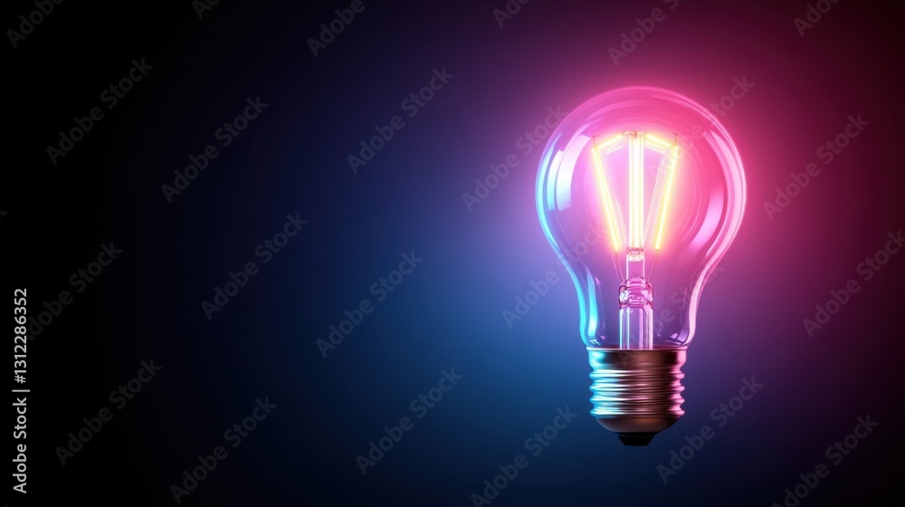 Glowing lightbulb with pink and blue neon light against dark background. Glowing lightbulb with pink and blue neon light against dark background.