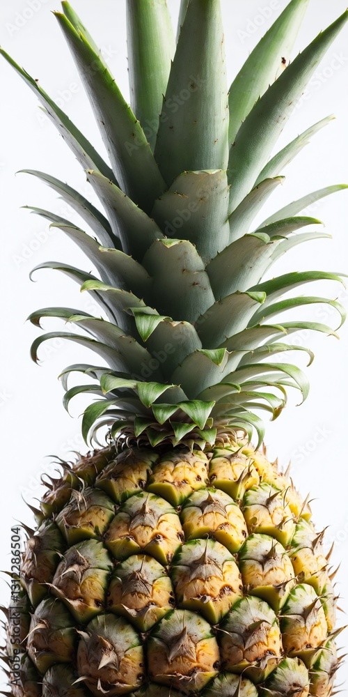Pineapple fruit with crown, close up. Tropical food