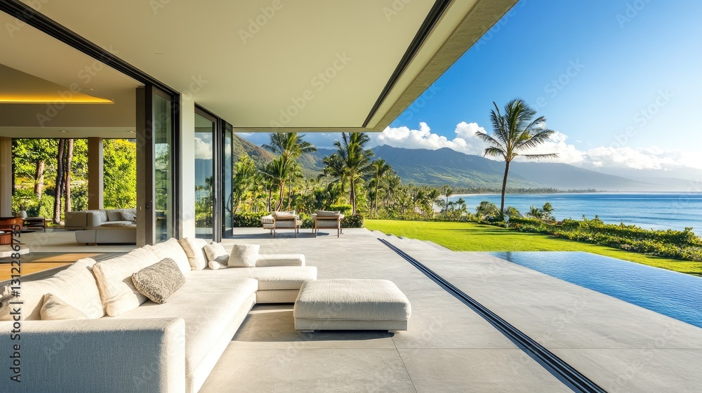Fototapeta premium Luxury Oceanfront Villa with Infinity Pool and Breathtaking Mountain Views