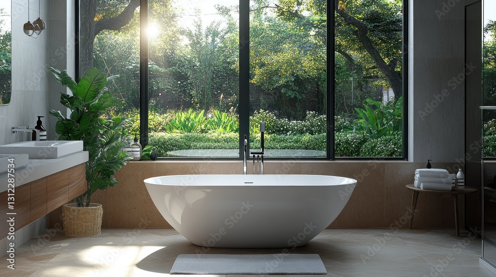 Fototapeta premium A modern luxurious bathroom with large windows and a garden view