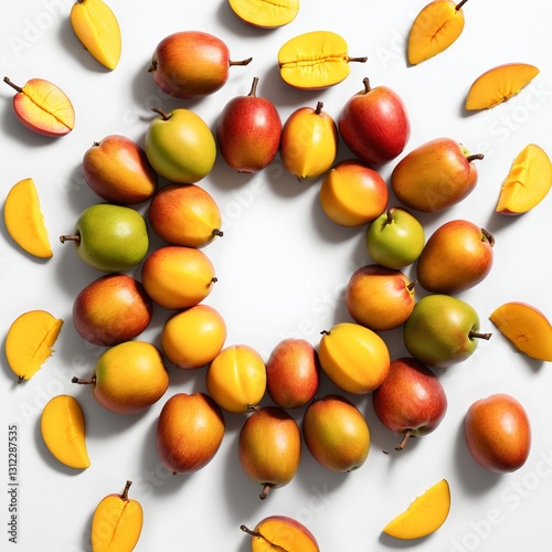 Fresh ripe mango fruits on white background. Top view