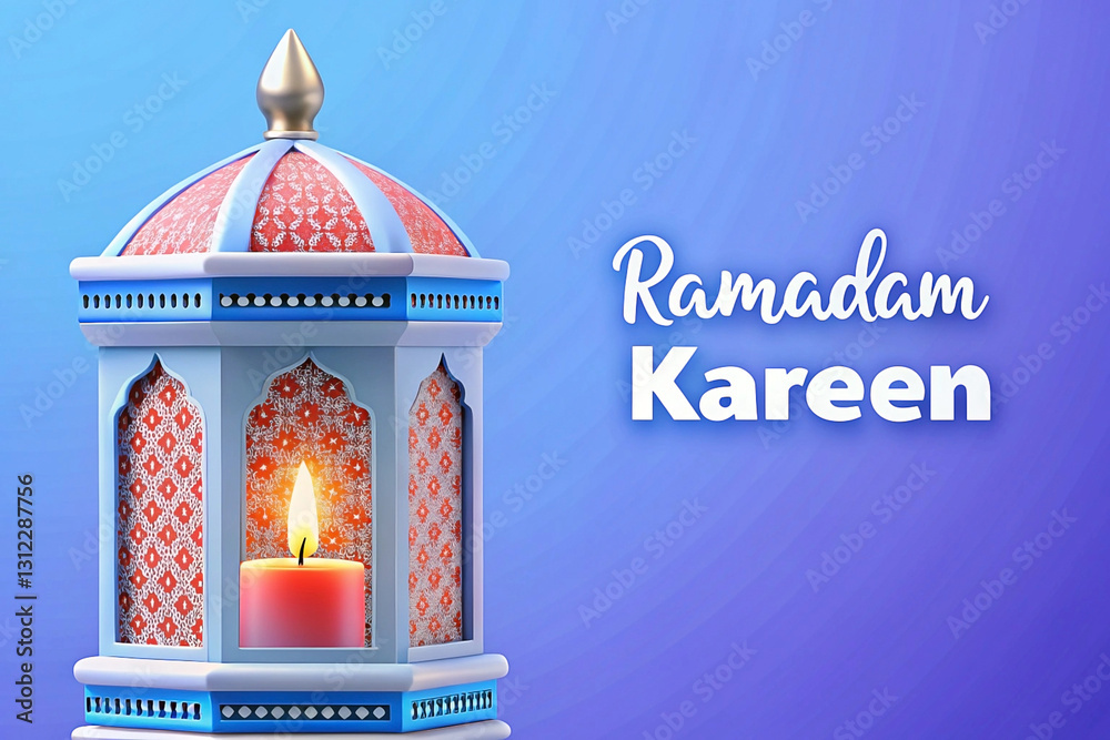 Naklejka premium Ramadan Kareem greeting with ornate lantern and candle.