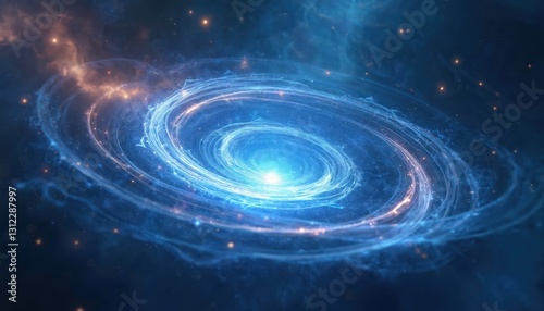 Abstract blue swirl of light in dark space background. Generic tech and science illustration concept. Resembles plasma vortex, cosmic field, galaxy, science fiction, fantasy art.