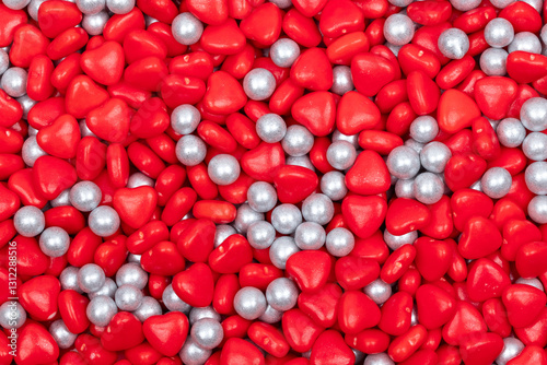 Red Heart-Shaped Candy and Silver Dragées Background - Valentine's Day Decorative Sprinkles Pattern for Baking and Confectionery Photography