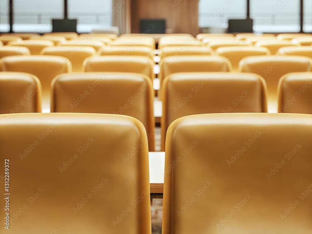 Fototapeta premium A modern conference room featuring rows of empty yellow chairs, creating a clean and organized atmosphere for meetings or presentations.