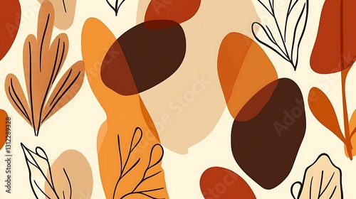Abstract art featuring organic shapes and line drawings in warm autumnal tones on a creamy background