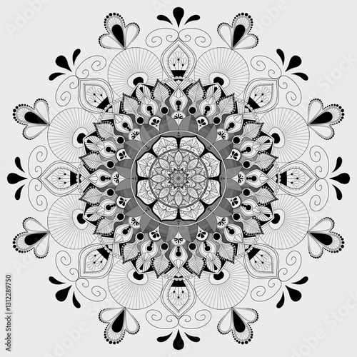 This is a black and white line art drawing of a crescent moon filled with intricate mandala patterns. The mandala design features floral elements, geometric shapes, and detailed line work