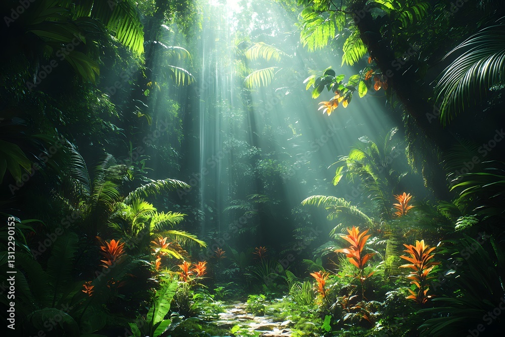 Obraz premium A Lush Rainforest Scene with Thick Foliage, Tropical Plants, and Vibrant Greenery, Creating a Serene and Immersive Jungle Atmosphere Full of Life and Natural Beauty
