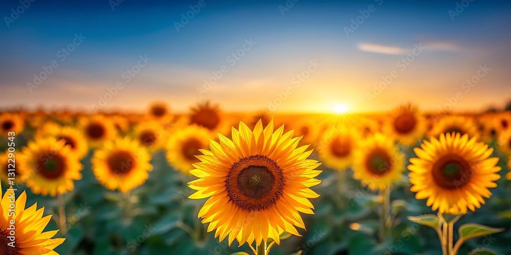 Obraz premium Sunflowers at sunset, summer field, nature beauty