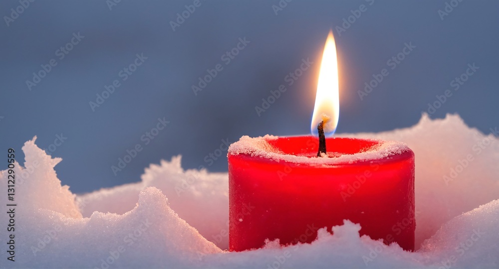 Burning candle in snow. Magic winter scene.
