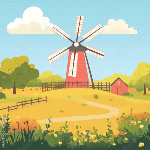 A flat 2D vector of a traditional windmill surrounded by fields.