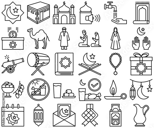Minimalist outline icon set representing Islamic culture, Ramadan, and Eid traditions. This set includes symbols of worship, celebration, charity, and spirituality. 