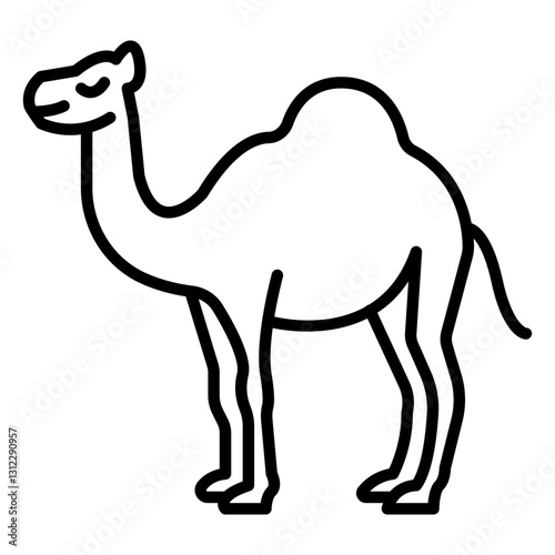 Minimalist outline icon of a camel, symbolizing patience and endurance in Islamic culture. Camels were vital for Hajj, Umrah, and trade.