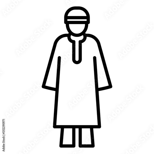 Minimalist outline icon of a Muslim man wearing a traditional thobe and taqiyah (cap), represents Islamic culture, modesty, and traditional attire  worn for religious prayers, or daily life.