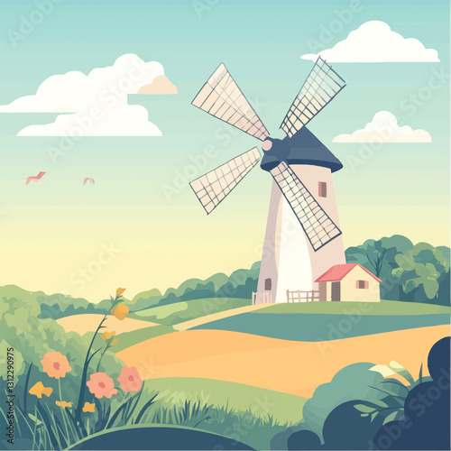 A flat 2D vector of a traditional windmill surrounded by fields.