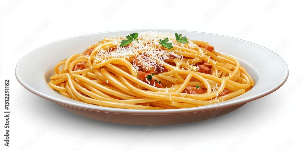 Realistic 3D Icon Cartoon of A Plate of Pasta Carbonara with Parmesan Cheese Realistic 3D Icon Cartoon of A Plate of Pasta Carbonara with Parmesan Cheese