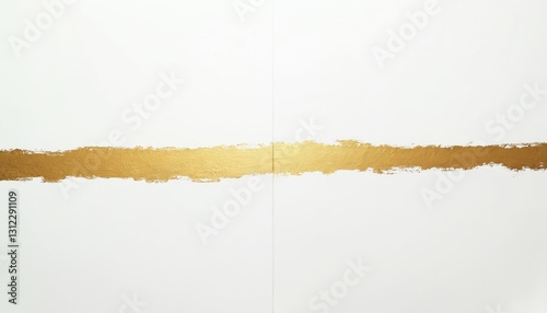 Golden line divides empty white paper creating two different sections. Modern minimalist design element. Brushstroke paint texture. Luxury elegant concept. Horizontal orientation. Copy space template