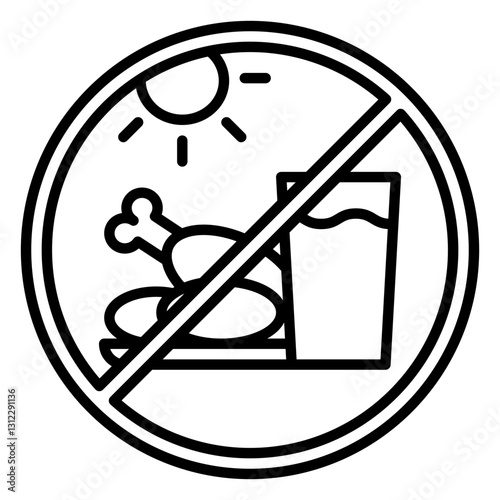 Minimalist outline icon representing fasting, with a crossed-out food and drink symbol under the sun. Ideal for Ramadan, Islamic fasting, and religious observance designs.