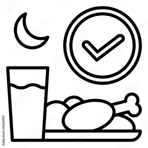Minimalist outline icon representing iftar, the meal to break the fast during Ramadan. Features food, a drink, a crescent moon, and a checkmark for time. Ideal for Islamic and Ramadan-themed designs.