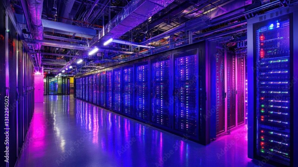 Fototapeta premium Illuminated Server Room: A Glimpse into the Digital Core