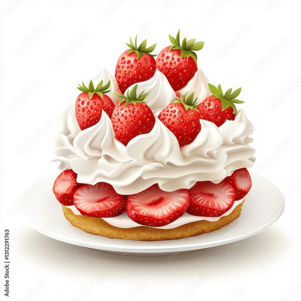 Realistic 3D Icon Cartoon of a Plate of Soft and Airy Strawberry Shortcake isolated on clear white background Realistic 3D Icon Cartoon of a Plate of Soft and Airy Strawberry Shortcake isolated on clear white background