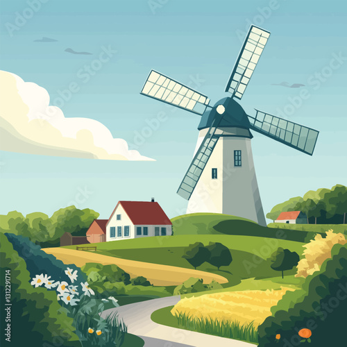 A flat 2D vector of a traditional windmill surrounded by fields.