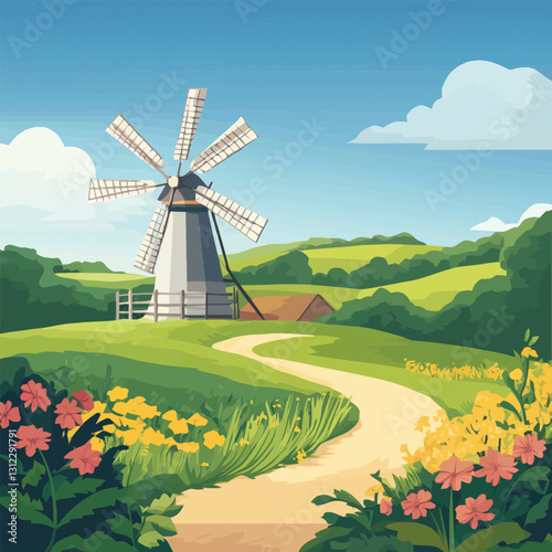 A flat 2D vector of a traditional windmill surrounded by fields.