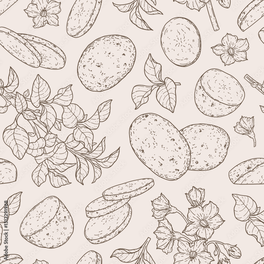 Fototapeta premium Line art seamless pattern with whole potato, slices, halves, flower and branch. Linear organic vegetable concept. Natural hand drawn background for print, wrapping paper, fabric, banner, textile