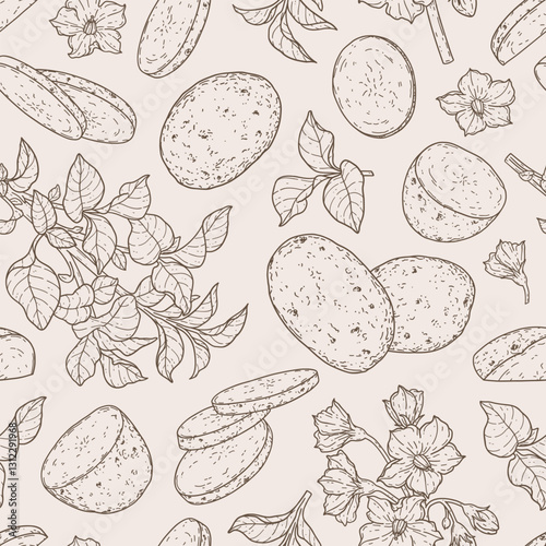 Line art seamless pattern with whole potato, slices, halves, flower and branch. Linear organic vegetable concept. Natural hand drawn background for print, wrapping paper, fabric, banner, textile