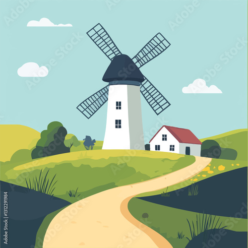 A flat 2D vector of a traditional windmill surrounded by fields.