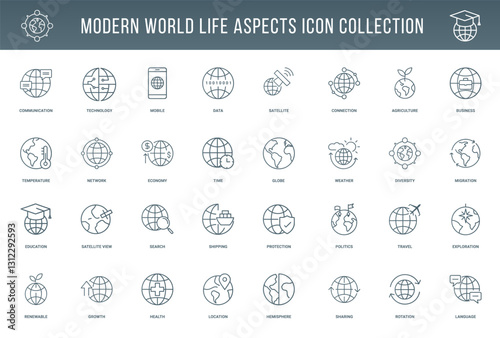 global life communication technology collection modern line icons, globe diversity time weather