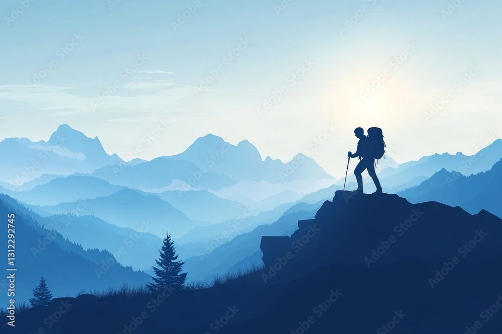 Silhouetted Hiker on Mountain Summit with Scenic Blue Landscape Silhouetted Hiker on Mountain Summit with Scenic Blue Landscape